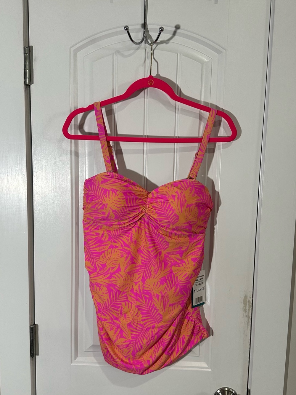 HEAT Swimwear, Tankini Set, Pink & Orange Tropical Palm, Size XL - Picture 3 of 16